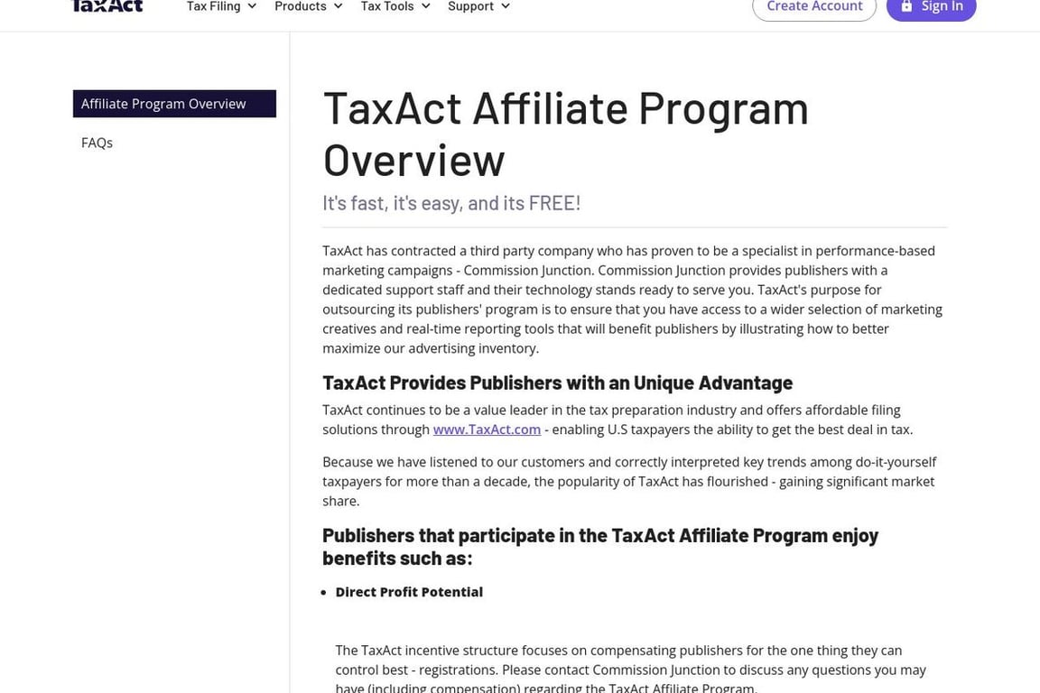 TaxAct affiliate program signup page