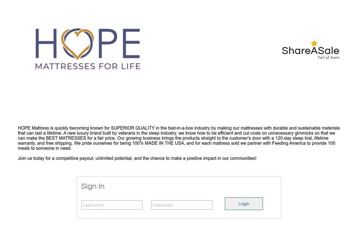 HOPE Mattress affiliate program signup page
