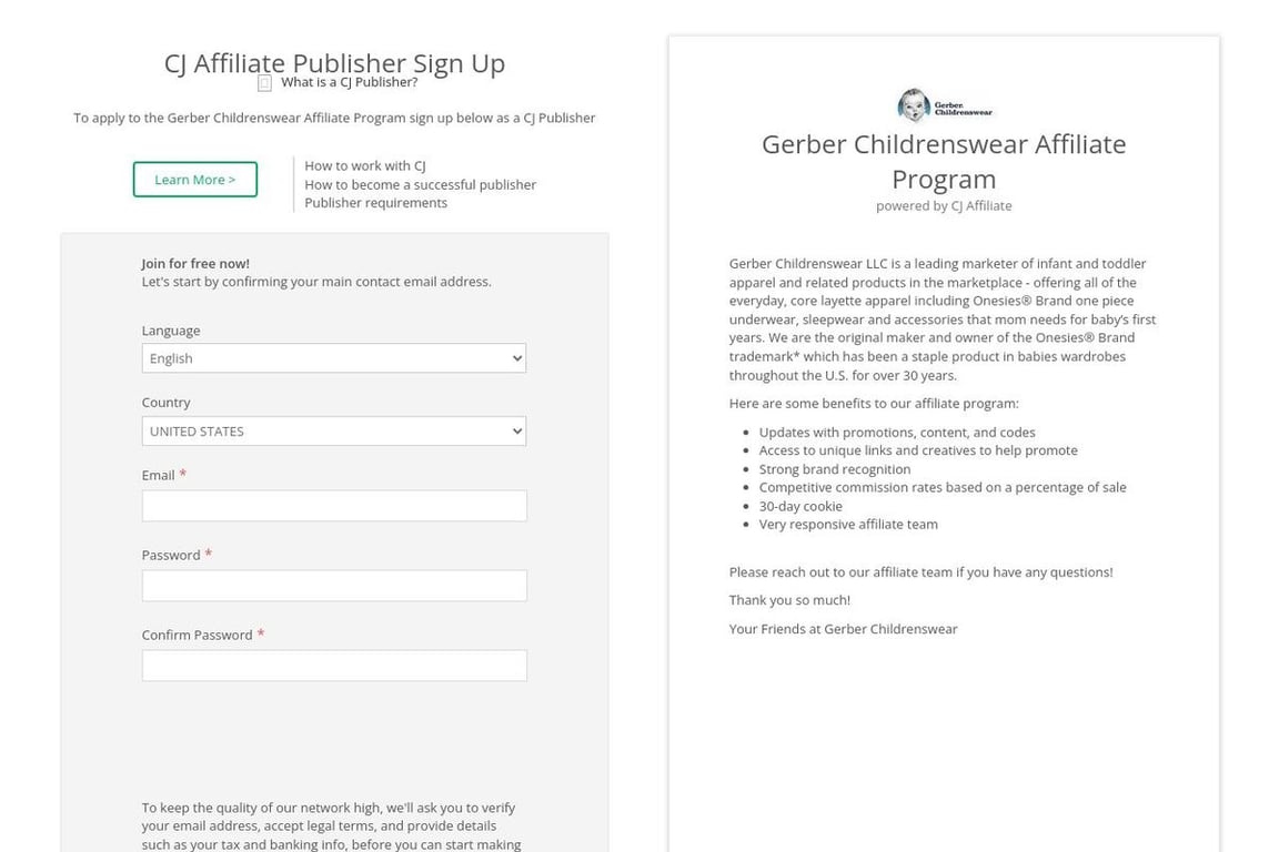 Gerber Childrenswear affiliate program signup page