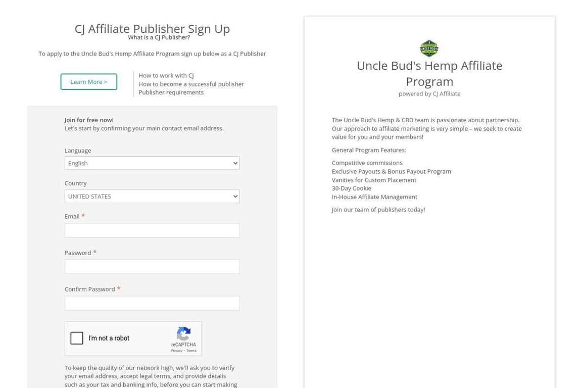 Uncle Bud’s Hemp affiliate program signup page