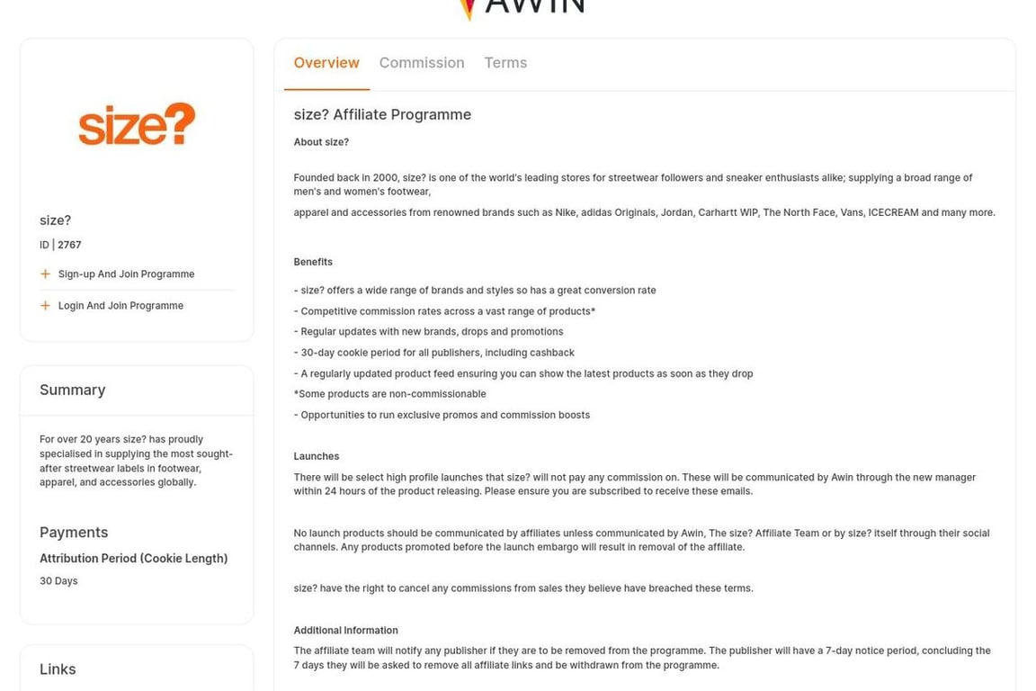 Size? affiliate program signup page