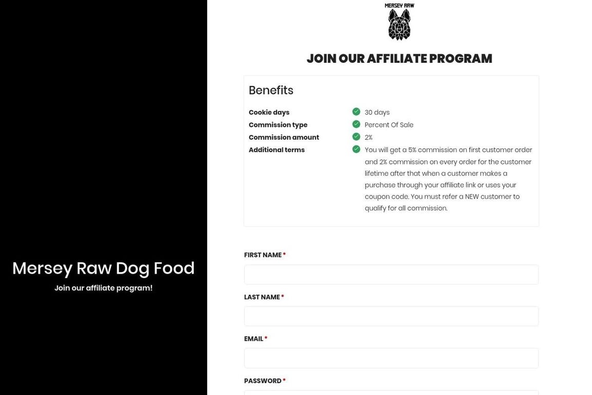 Mersey Raw affiliate program signup page