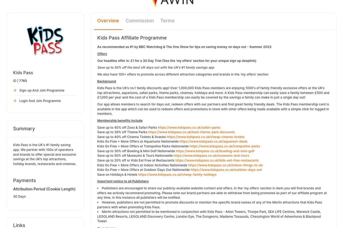 Kids Pass affiliate program signup page