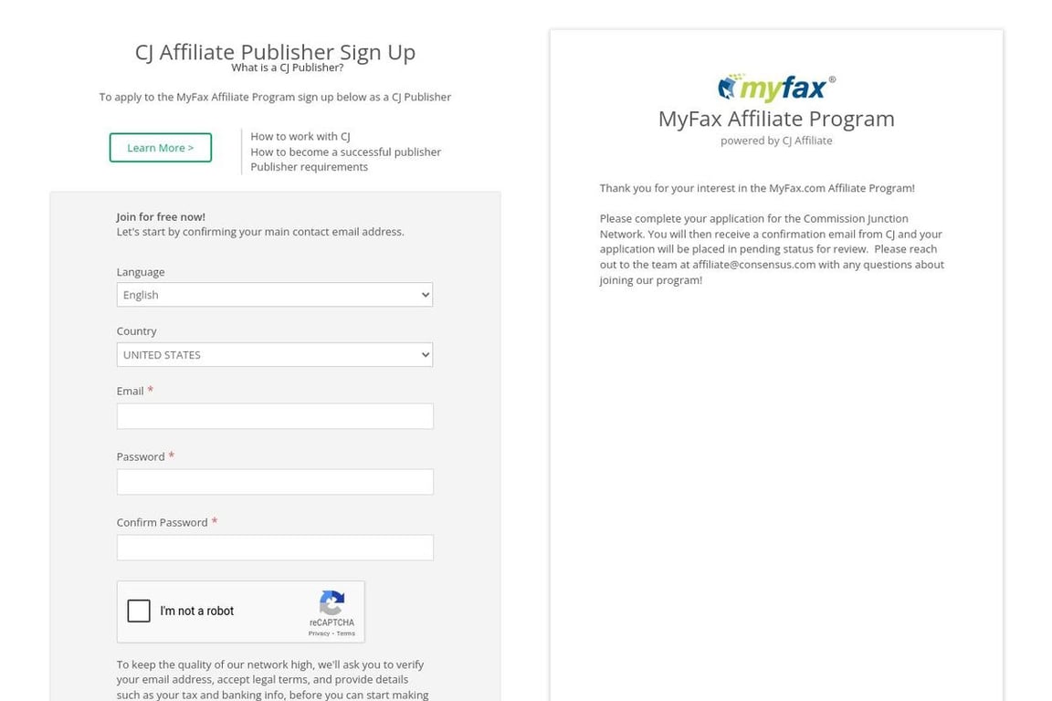 MyFax affiliate program signup page