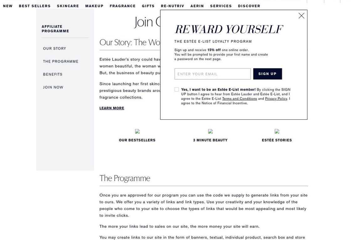 Estée Lauder affiliate program signup page