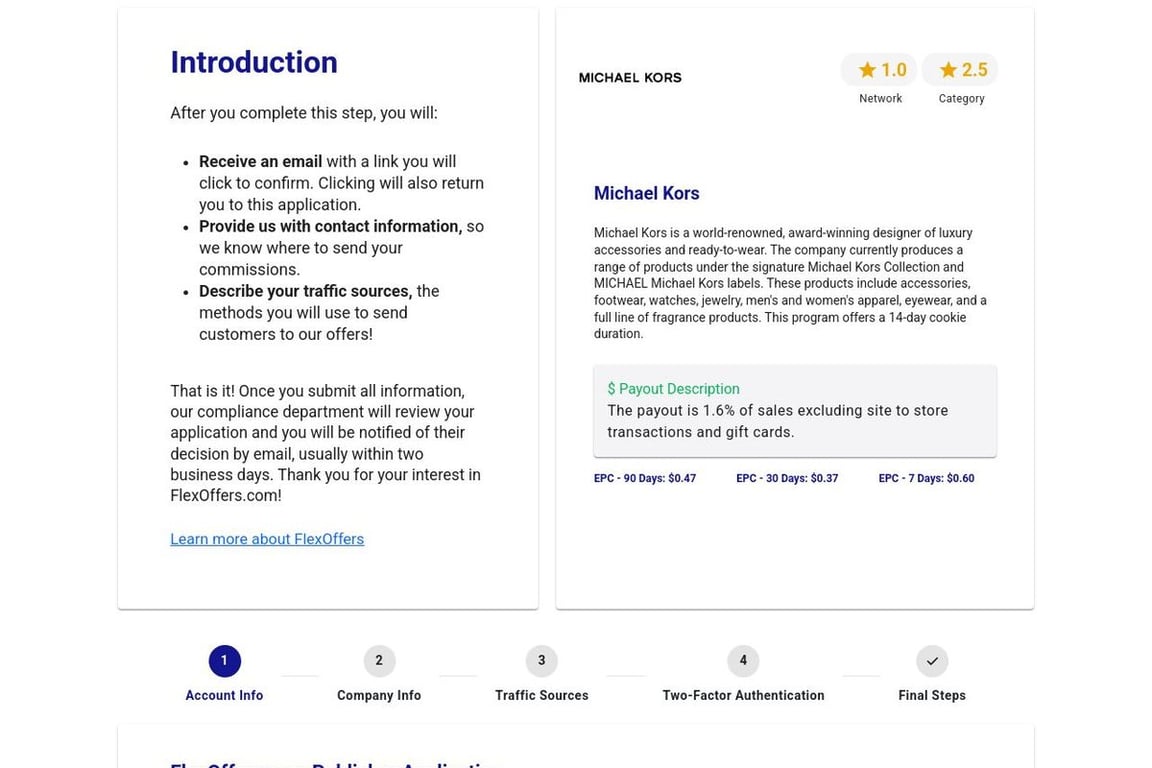 Michael Kors affiliate program signup page