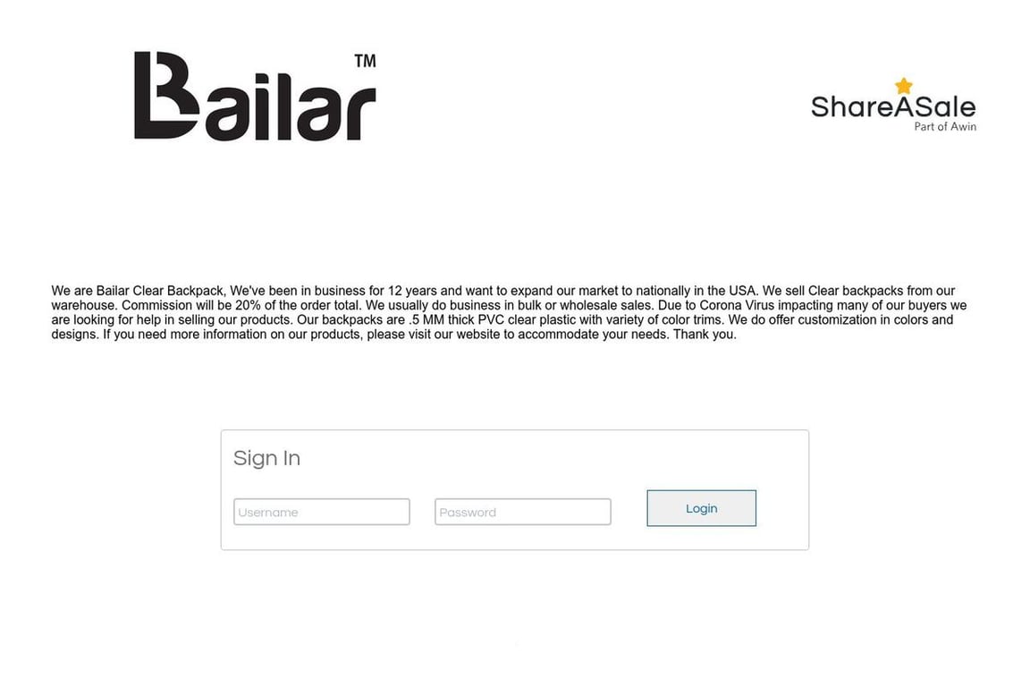 Bailar Clear Backpack affiliate program signup page