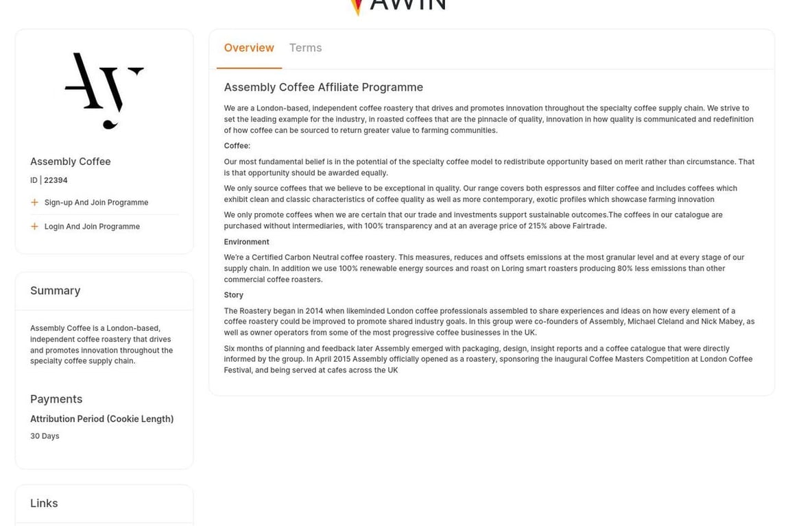 Assembly Coffee affiliate program signup page