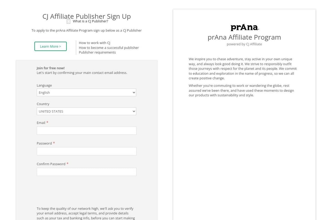 PrAna affiliate program signup page