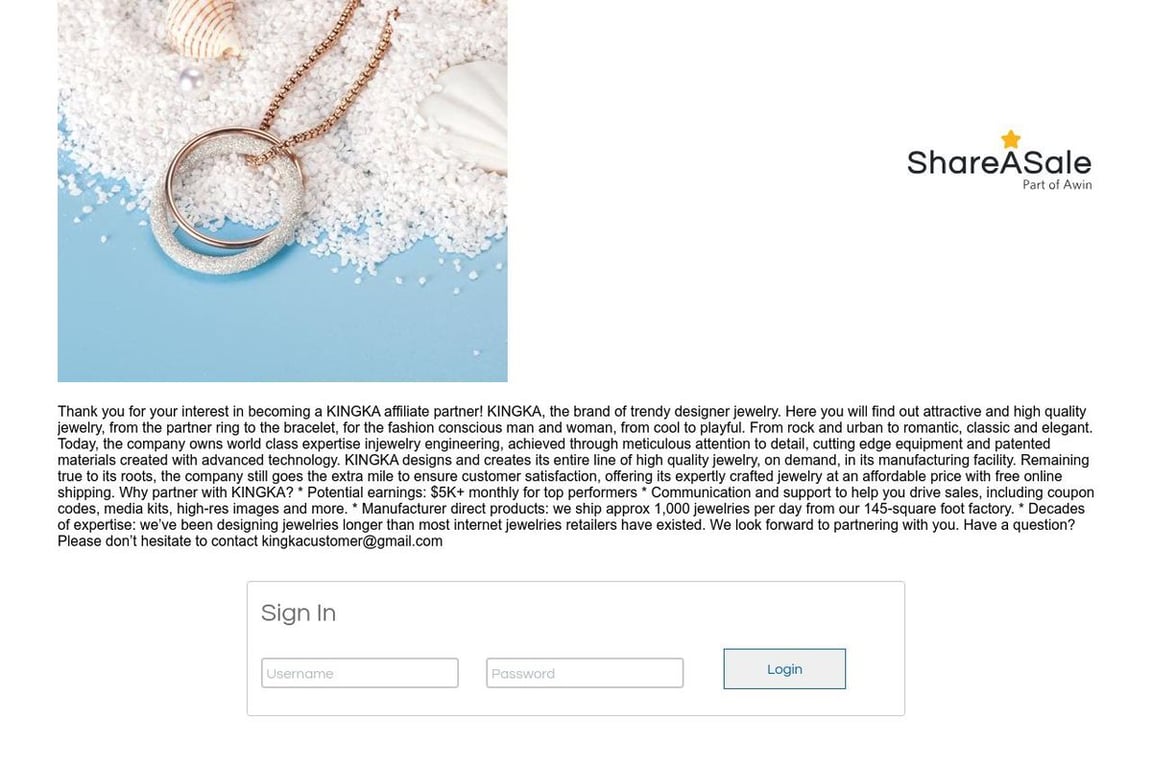 Kingkajewelry affiliate program signup page