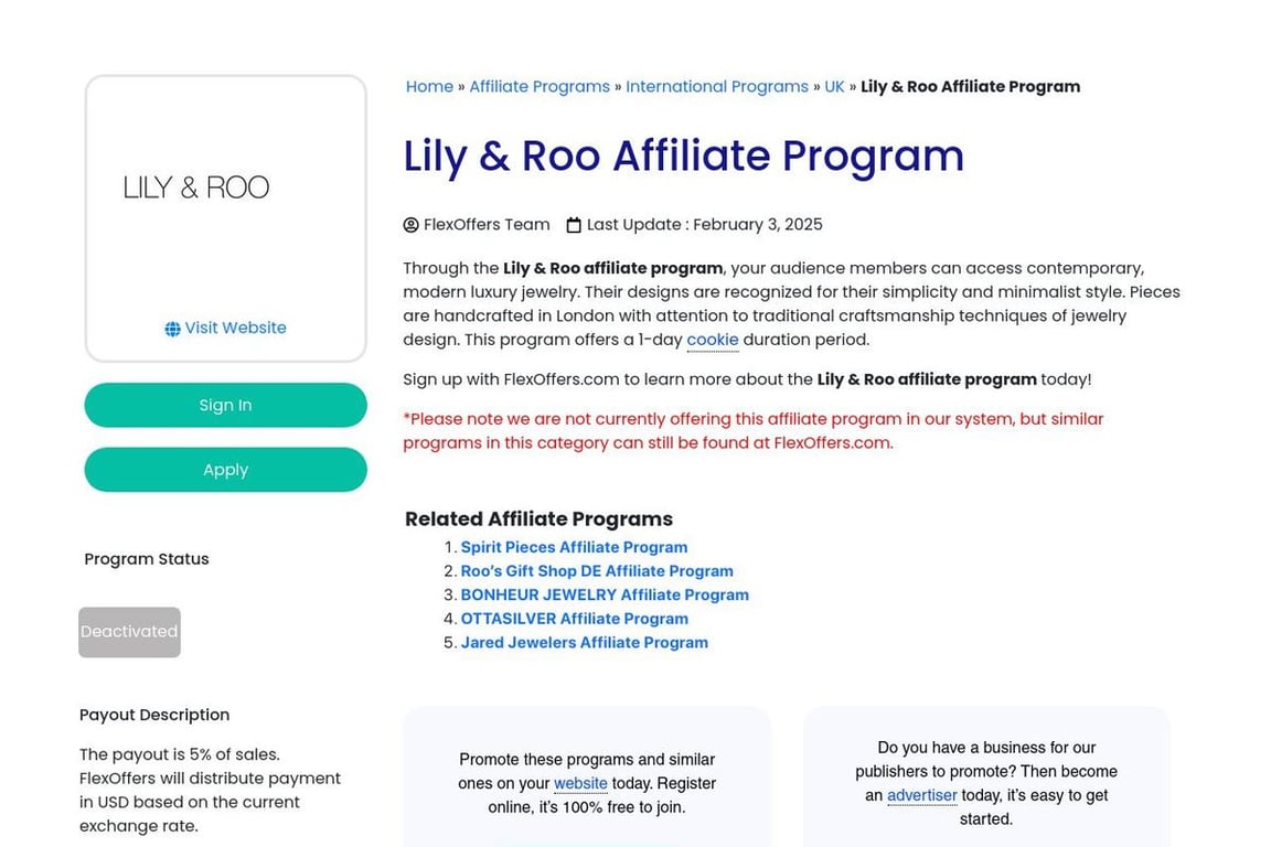 Lily & Roo affiliate program signup page