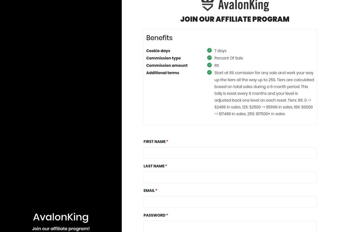 AvalonKing affiliate program signup page