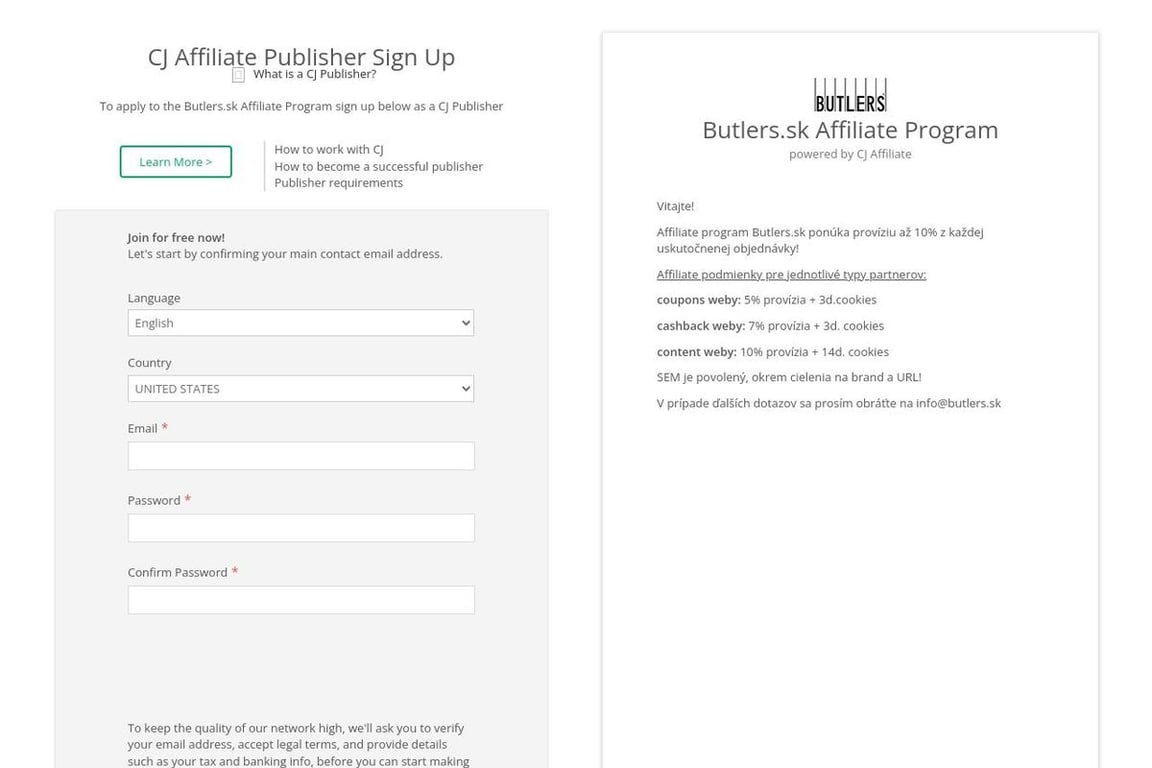Butlers affiliate program signup page