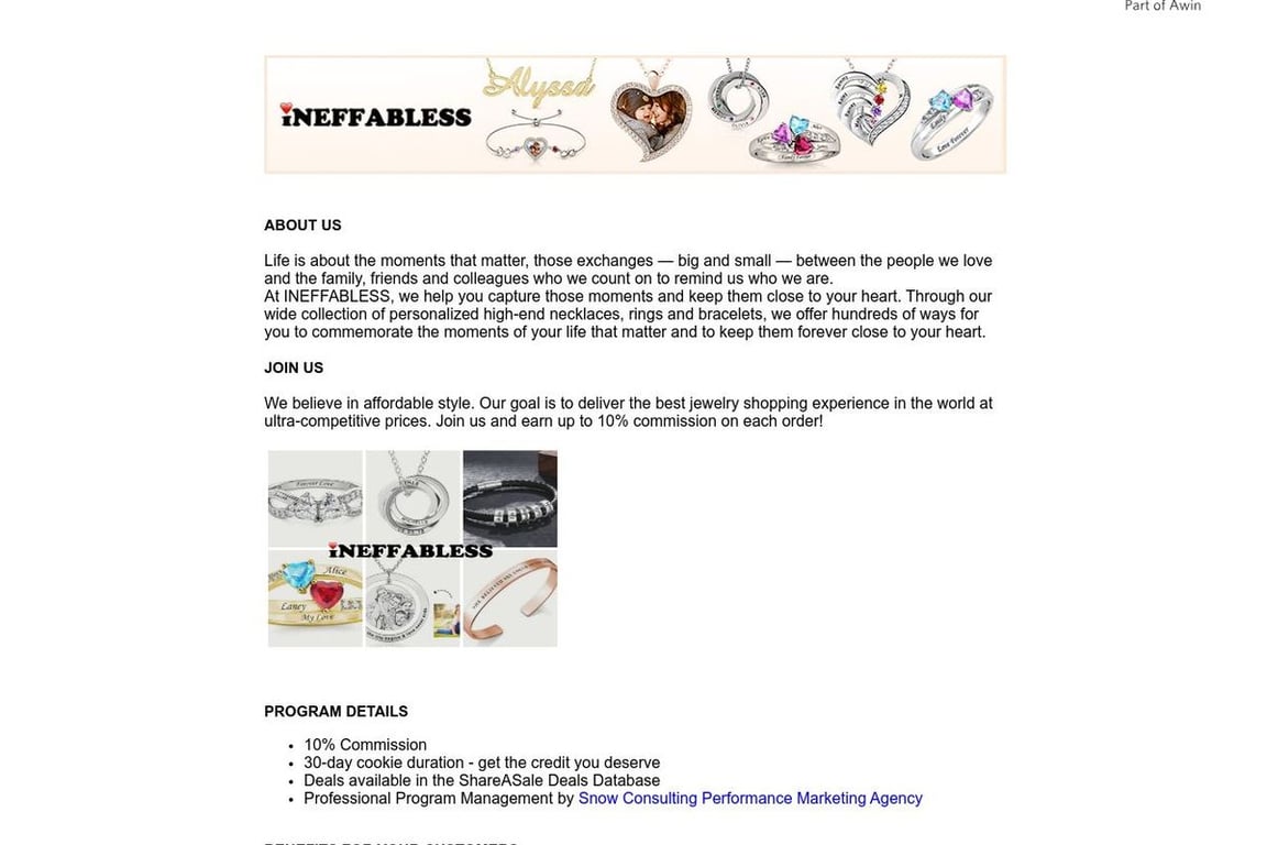 Ineffabless Jewelry Preferred affiliate program signup page