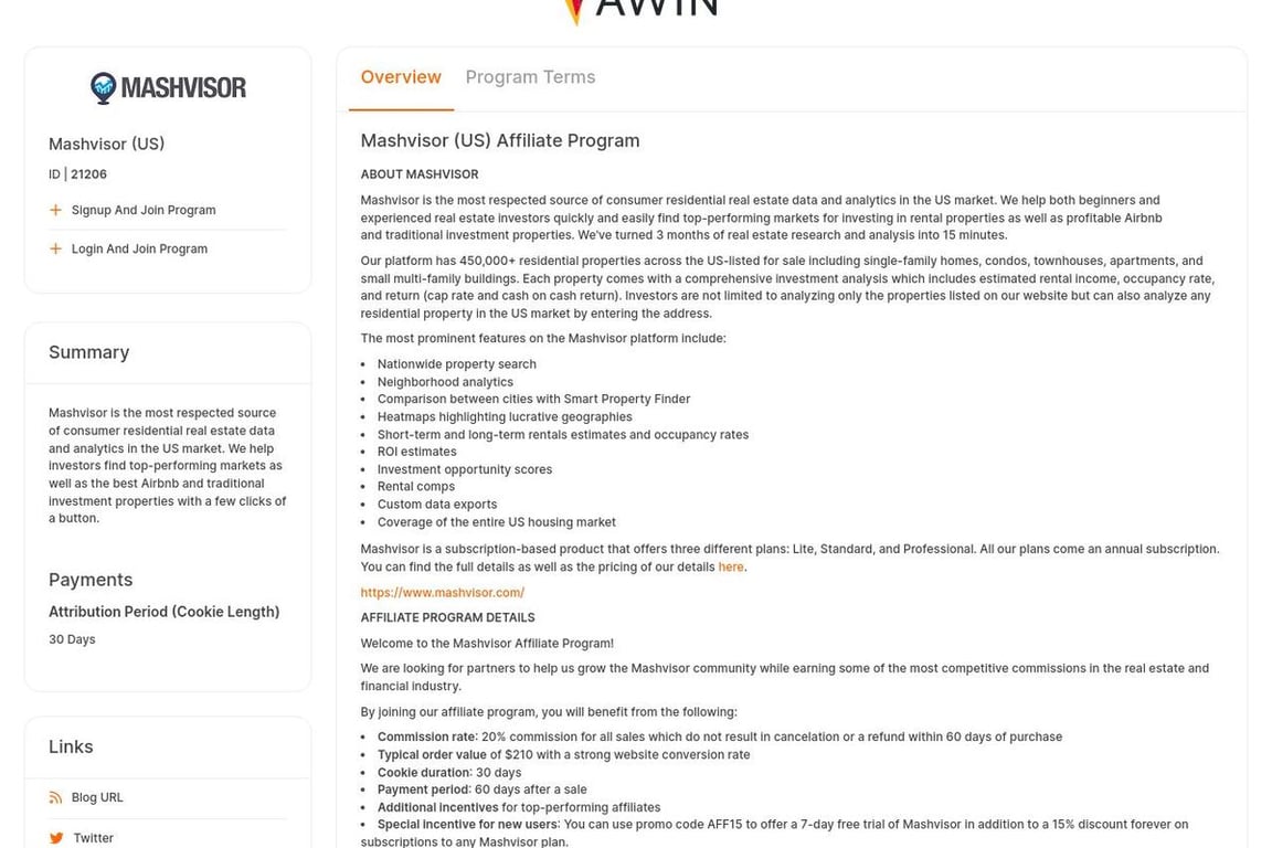 Mashvisor (US) affiliate program signup page