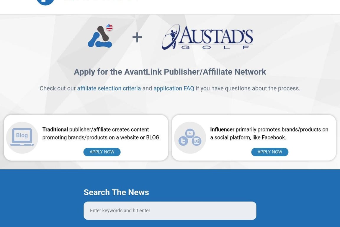 Austad’s Golf affiliate program signup page
