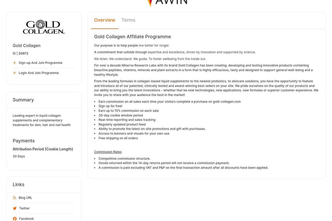Gold Collagen affiliate program signup page