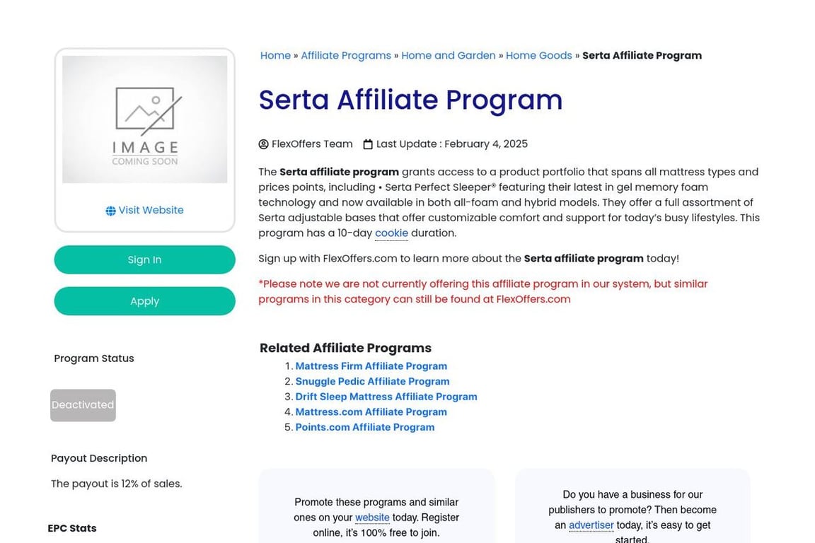 Serta affiliate program signup page