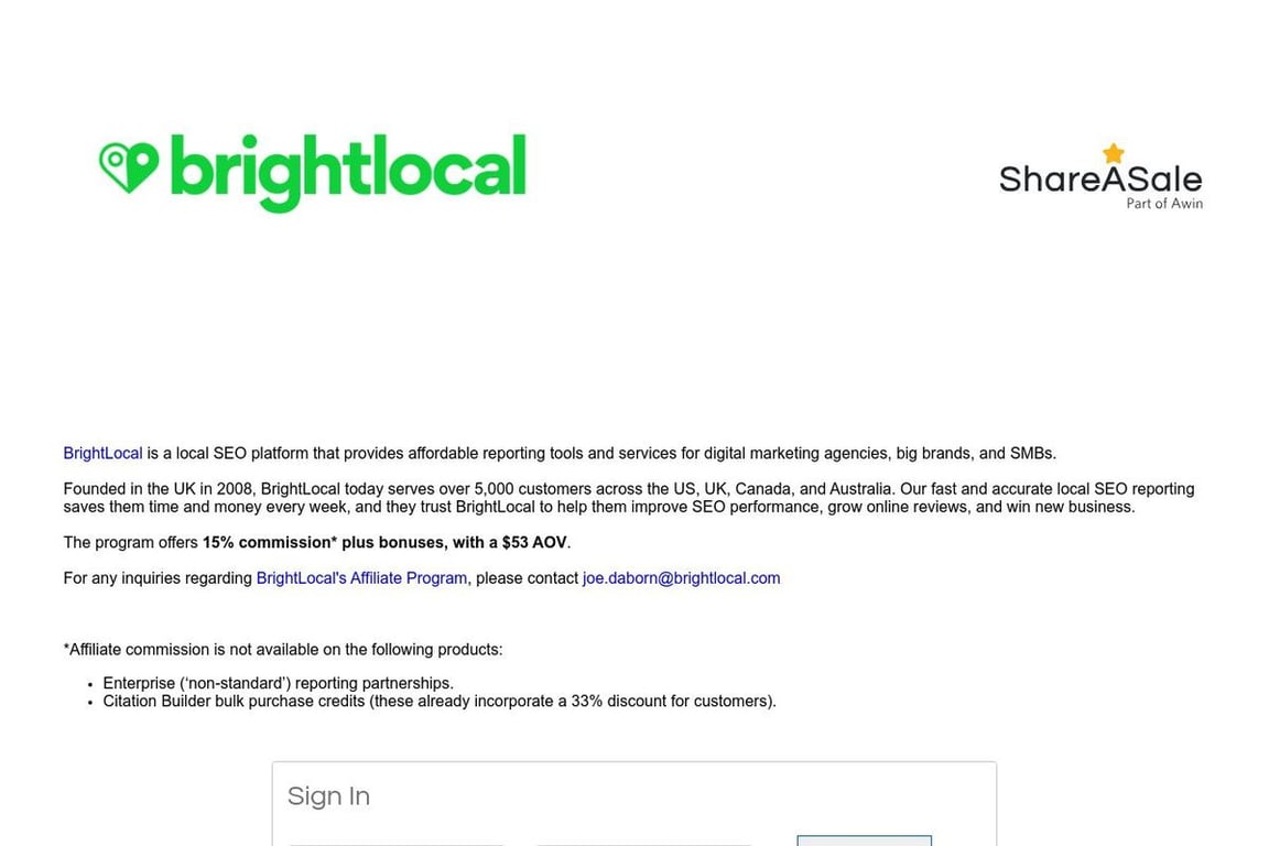 BrightLocal affiliate program signup page
