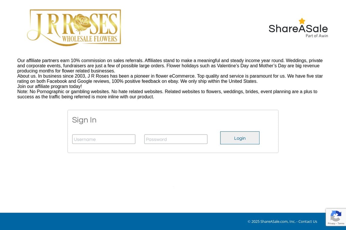 J R ROSES affiliate program signup page