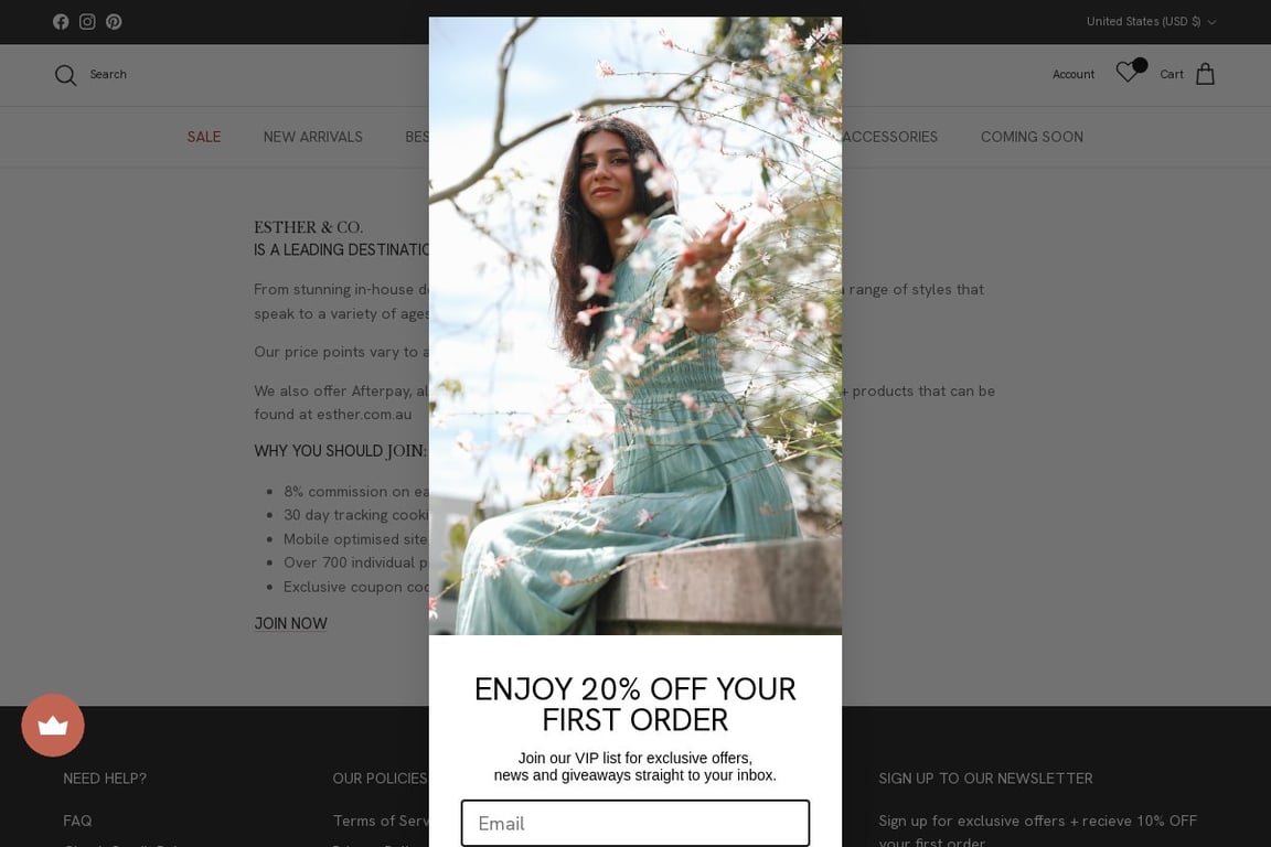 Esther & Co. (US) affiliate program signup page