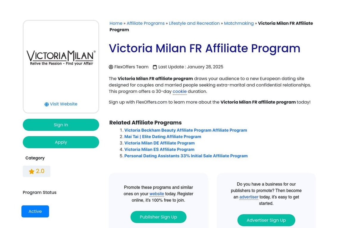 Victoria Milan affiliate program signup page