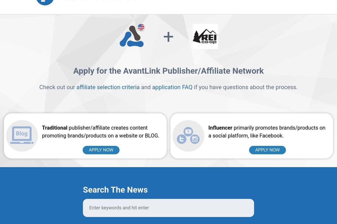 Rei Co-op affiliate program signup page
