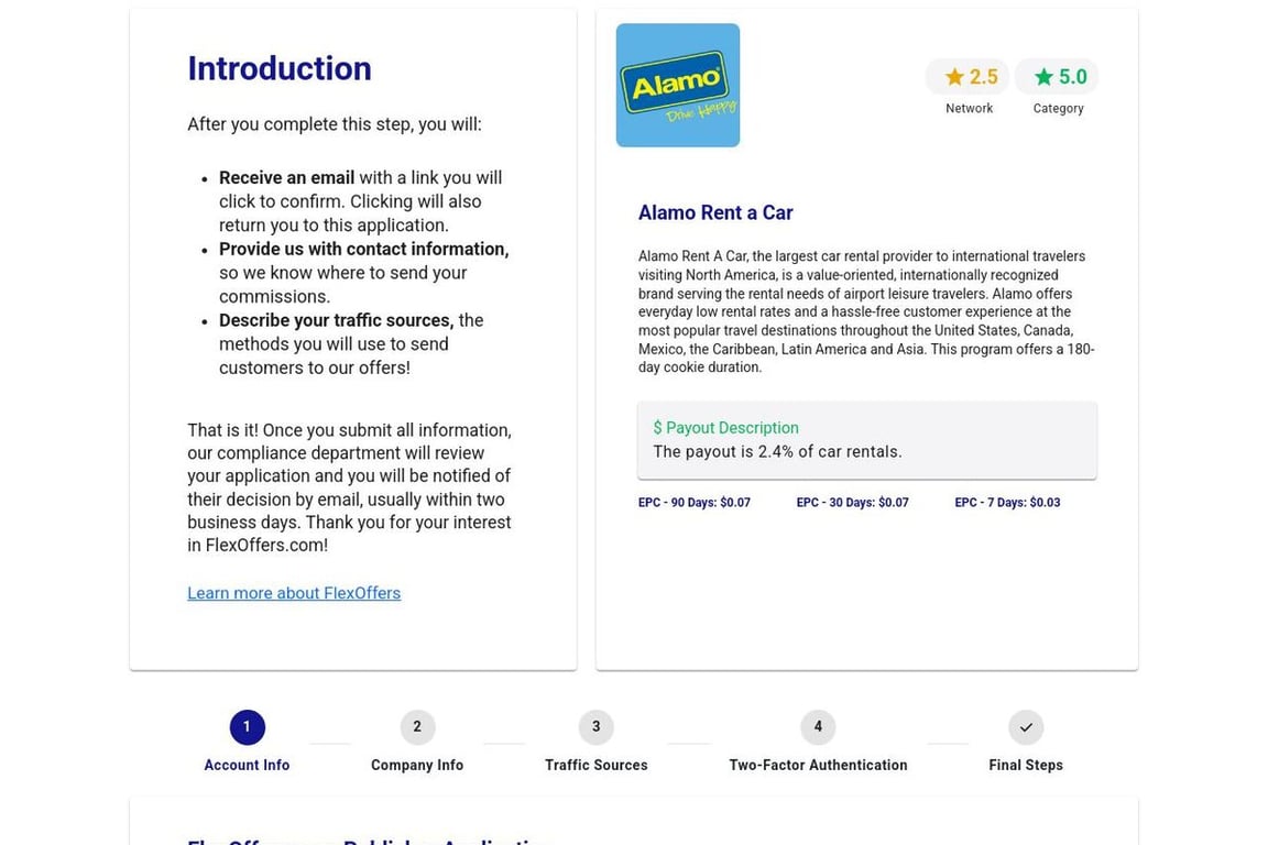 Alamo Rent a Car affiliate program signup page