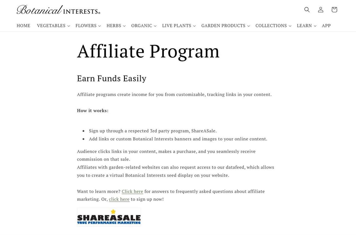 Botanical Interests affiliate program signup page