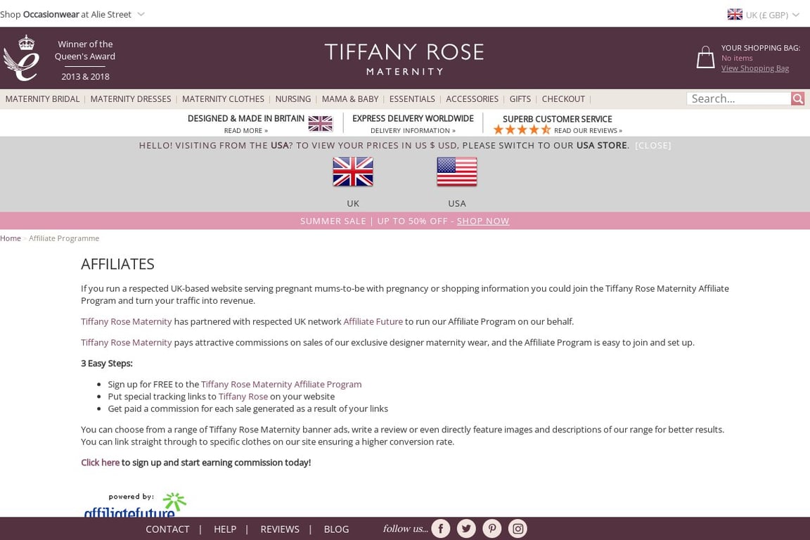 Tiffany Rose affiliate program signup page