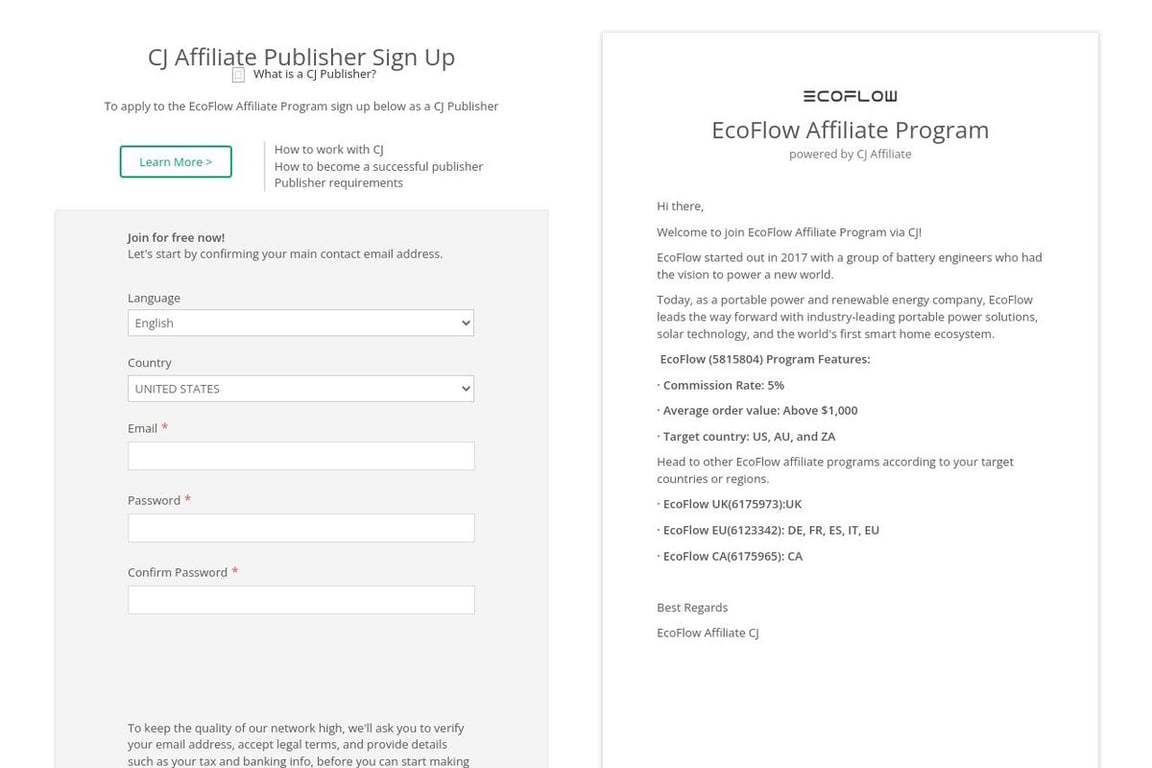 EcoFlow affiliate program signup page