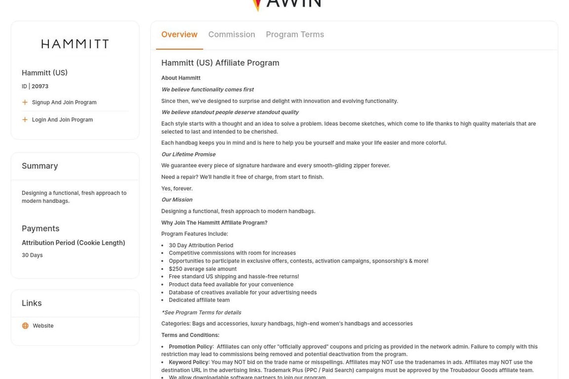 Hammitt affiliate program signup page