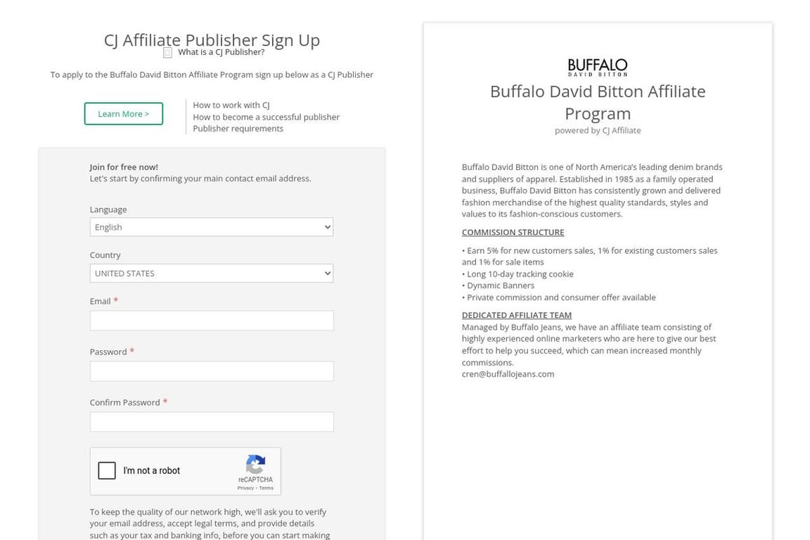 Buffalo David Bitton affiliate program signup page