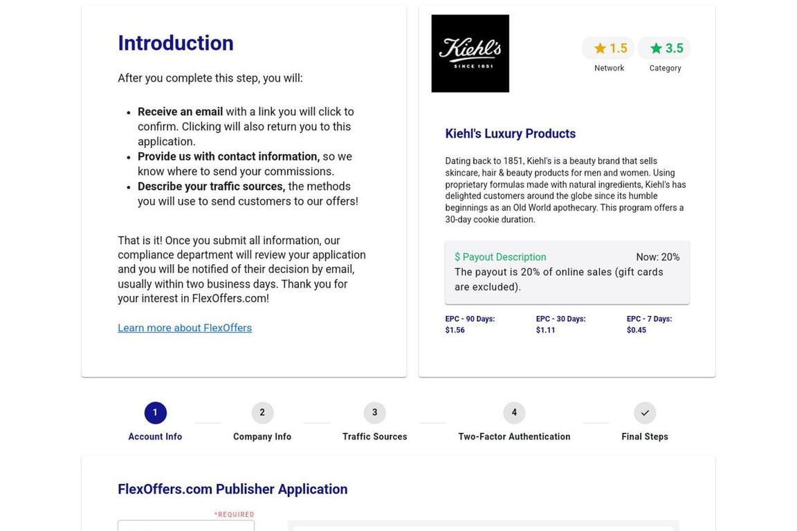 Kiehls Luxury Products affiliate program signup page