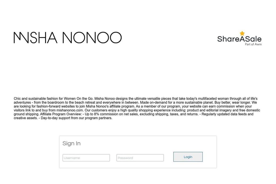 Misha Nonoo affiliate program signup page