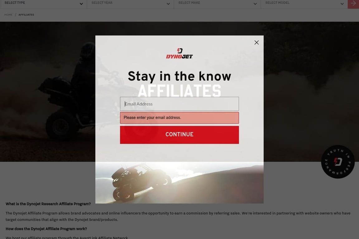 Dynojet affiliate program signup page