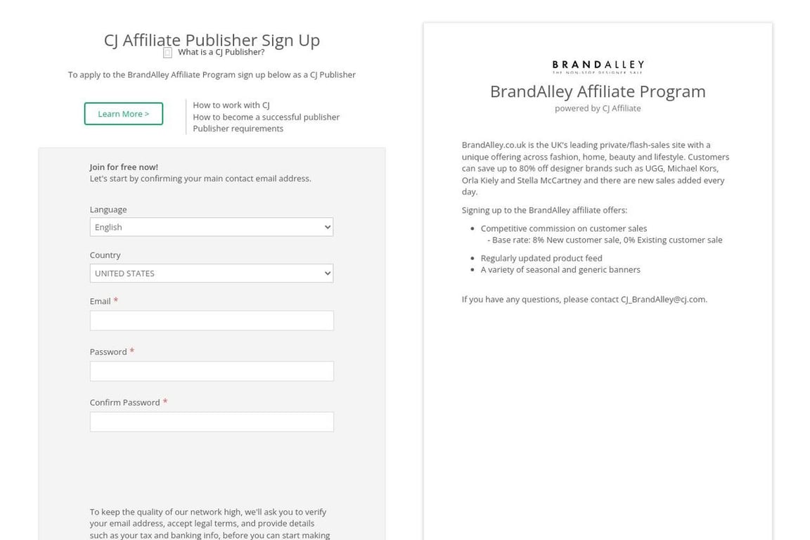 BrandAlley affiliate program signup page