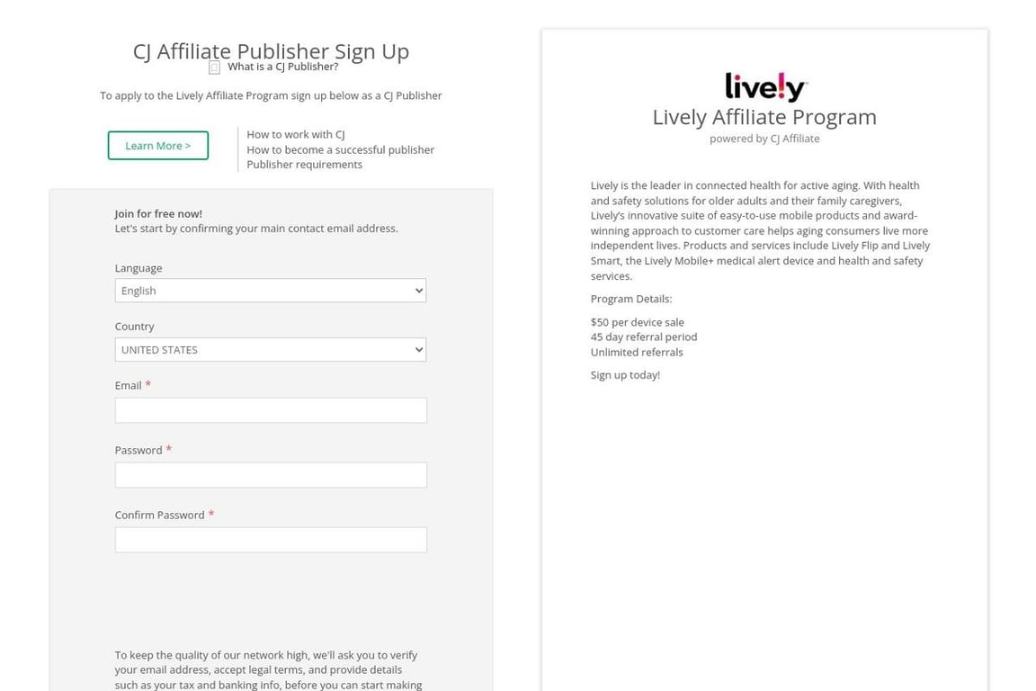 Lively affiliate program signup page