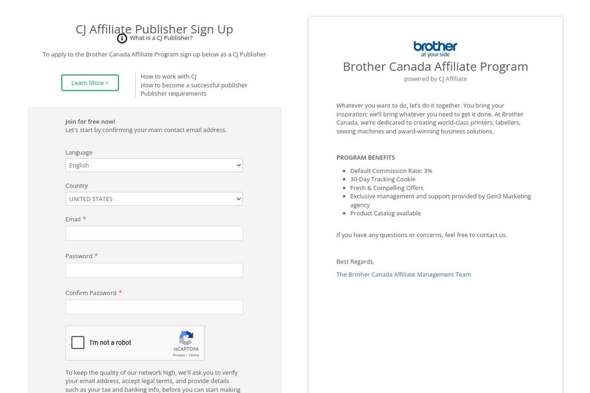 Brother CA affiliate program signup page