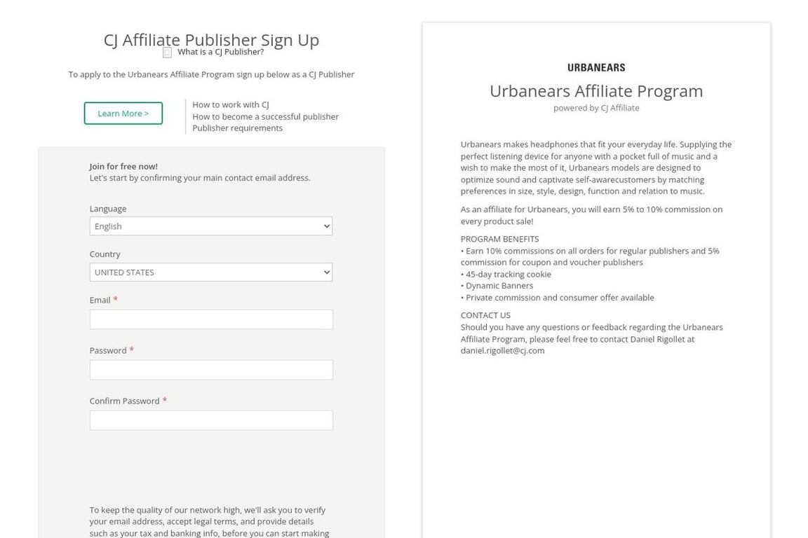UrbanEars affiliate program signup page