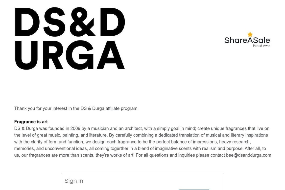 D.S. & DURGA affiliate program signup page