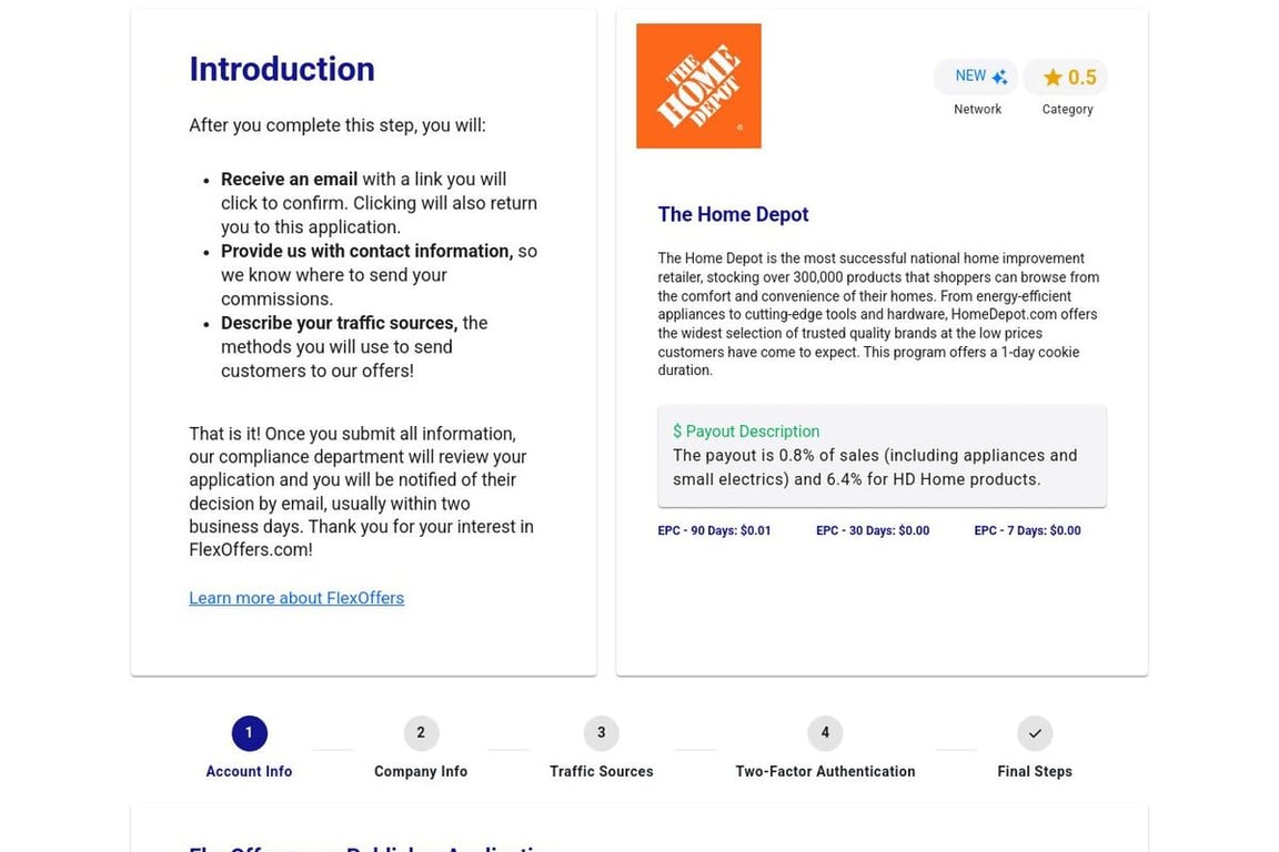 The Home Depot affiliate program signup page