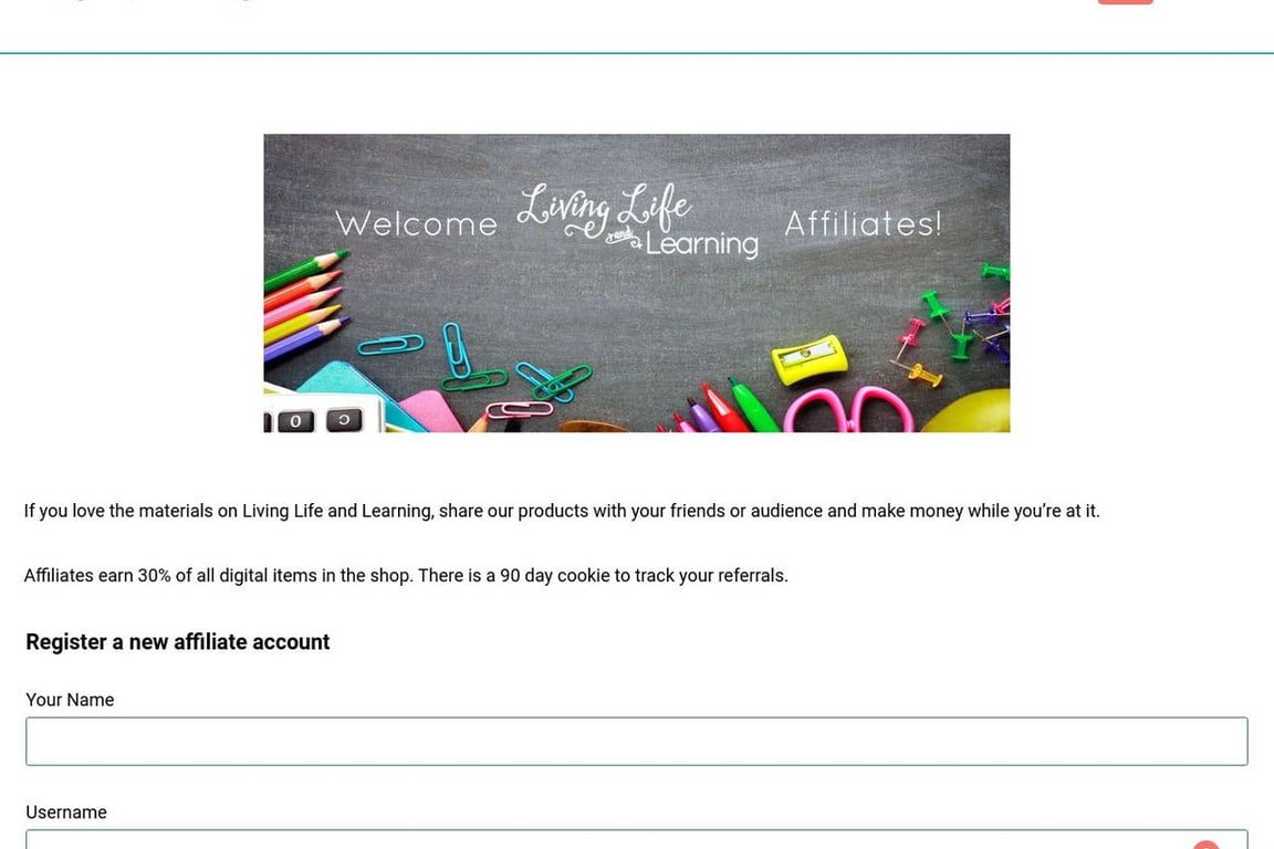 Living Life and Learning affiliate program signup page