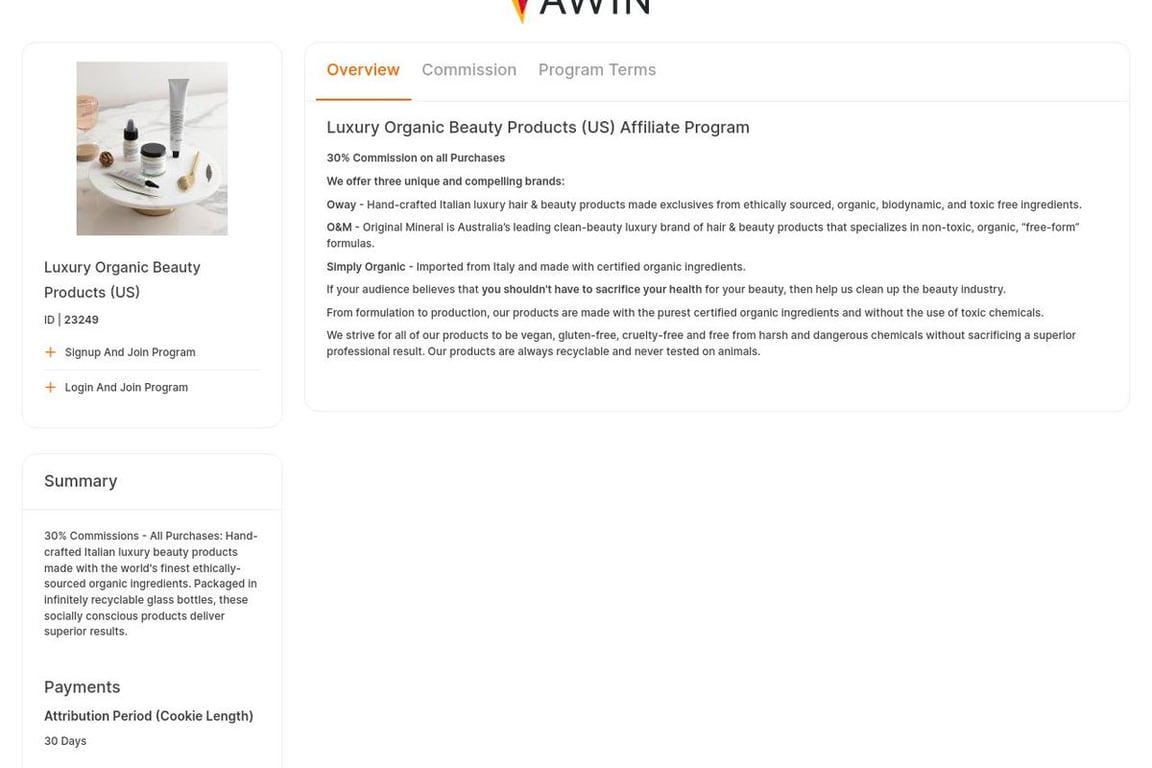 Luxury Organic Beauty Products affiliate program signup page