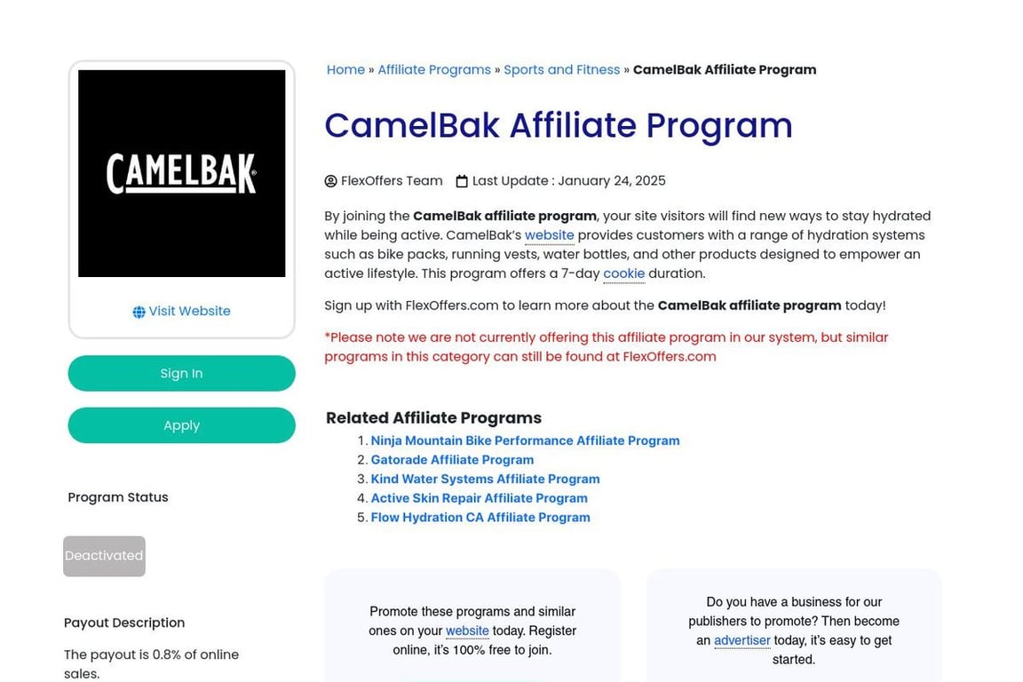 Camelbak affiliate program signup page