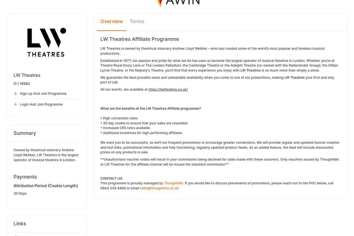 LW Theatres affiliate program signup page