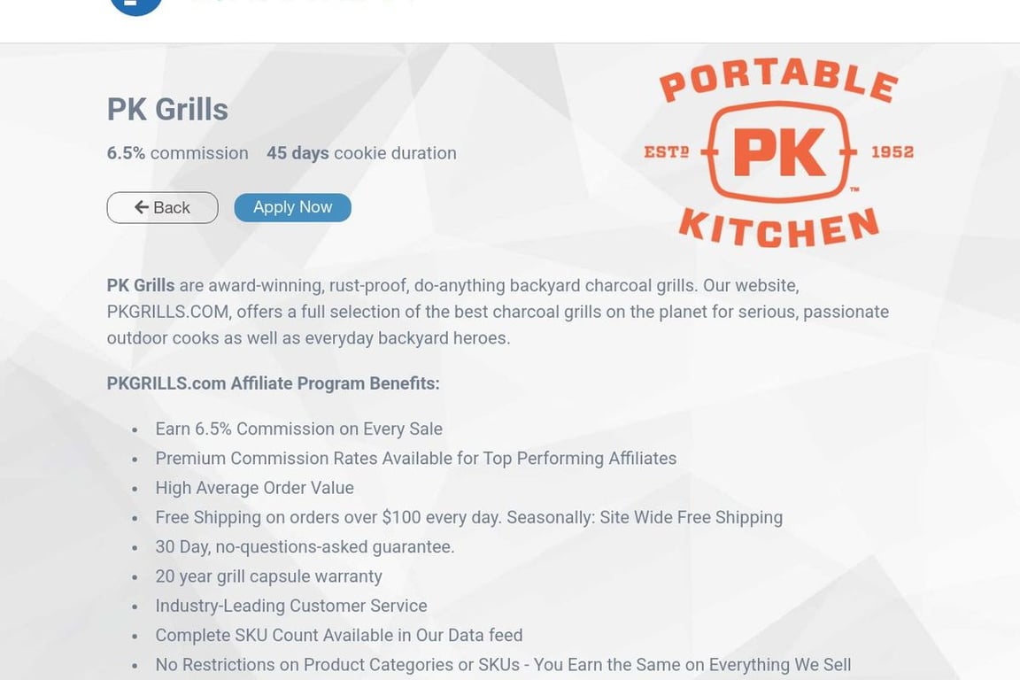 PK Grills affiliate program signup page