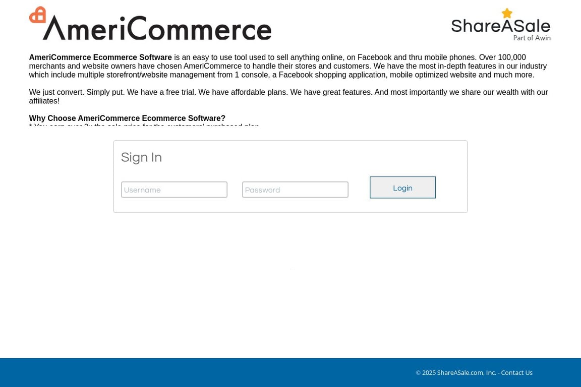 AmeriCommerce affiliate program signup page