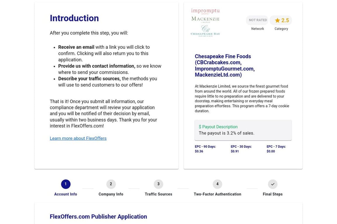 Chesapeake Fine Foods affiliate program signup page