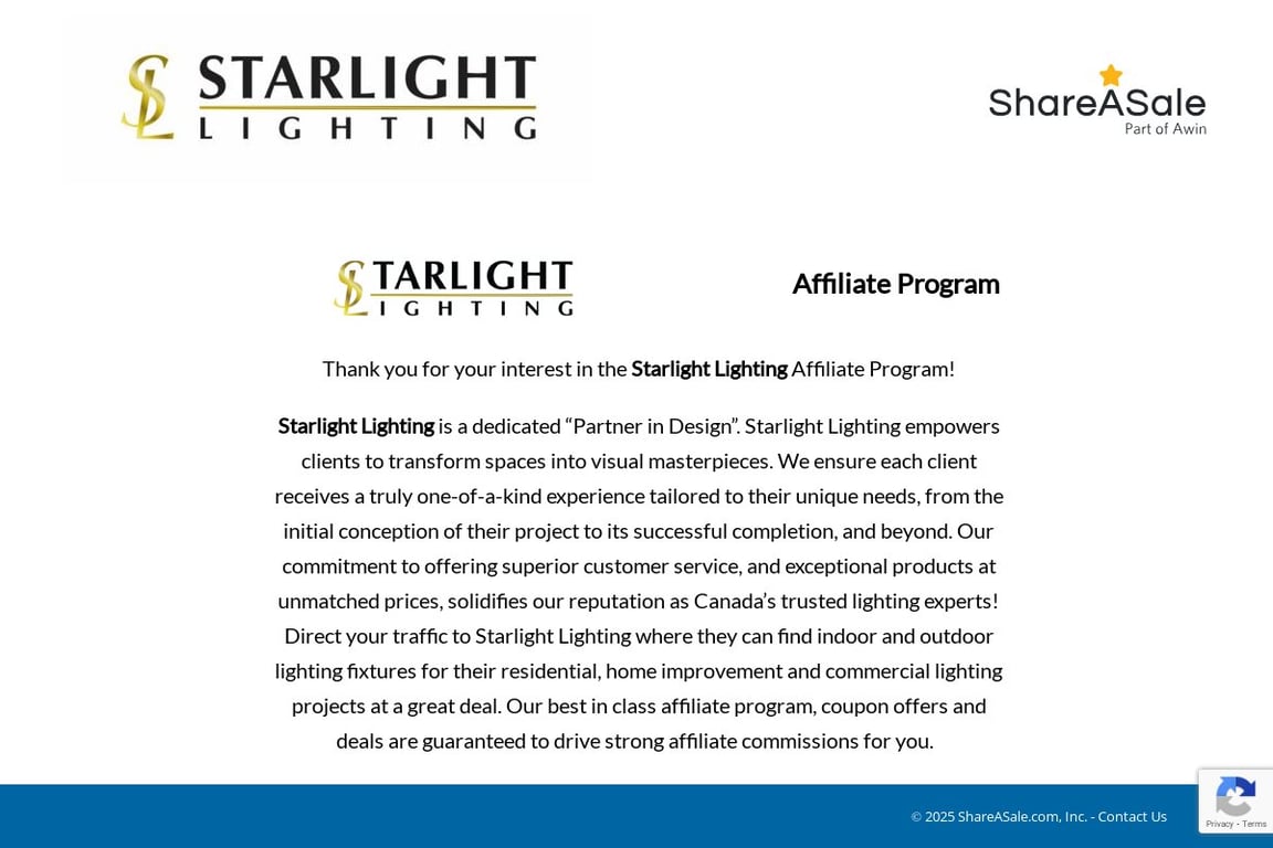 Starlight Lighting US affiliate program signup page